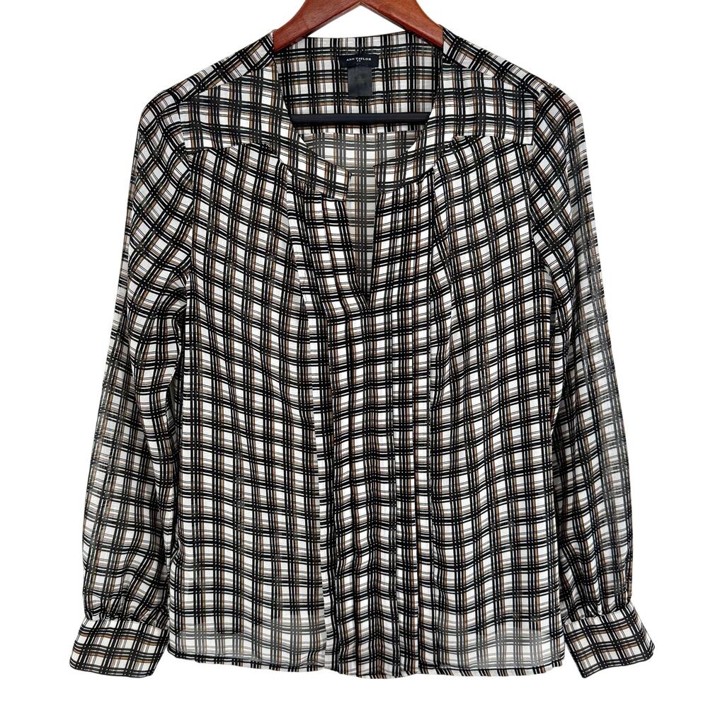 Ann Taylor Small Formal Business Black Brown White Plaid Long Sleeve Shirt toP